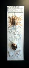 Evolution 18"x48x8" plastic , tin, latex, leather & enamel on wood
