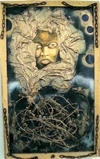 "Slavery "30"x 48" cotten fabric, barb wire, steel chains, acrylic and enamel on board